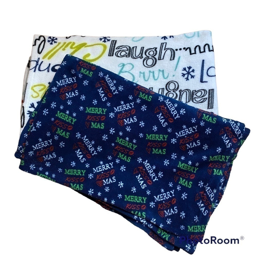 Winter Christmas Fleece Blanket Bundle Merry Christmas Blue White Brr Laugh